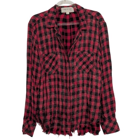 Cloth & Stone Buffalo Plaid Shirt Womens Size Medium Red Raw Hem Button Front - Picture 1 of 10
